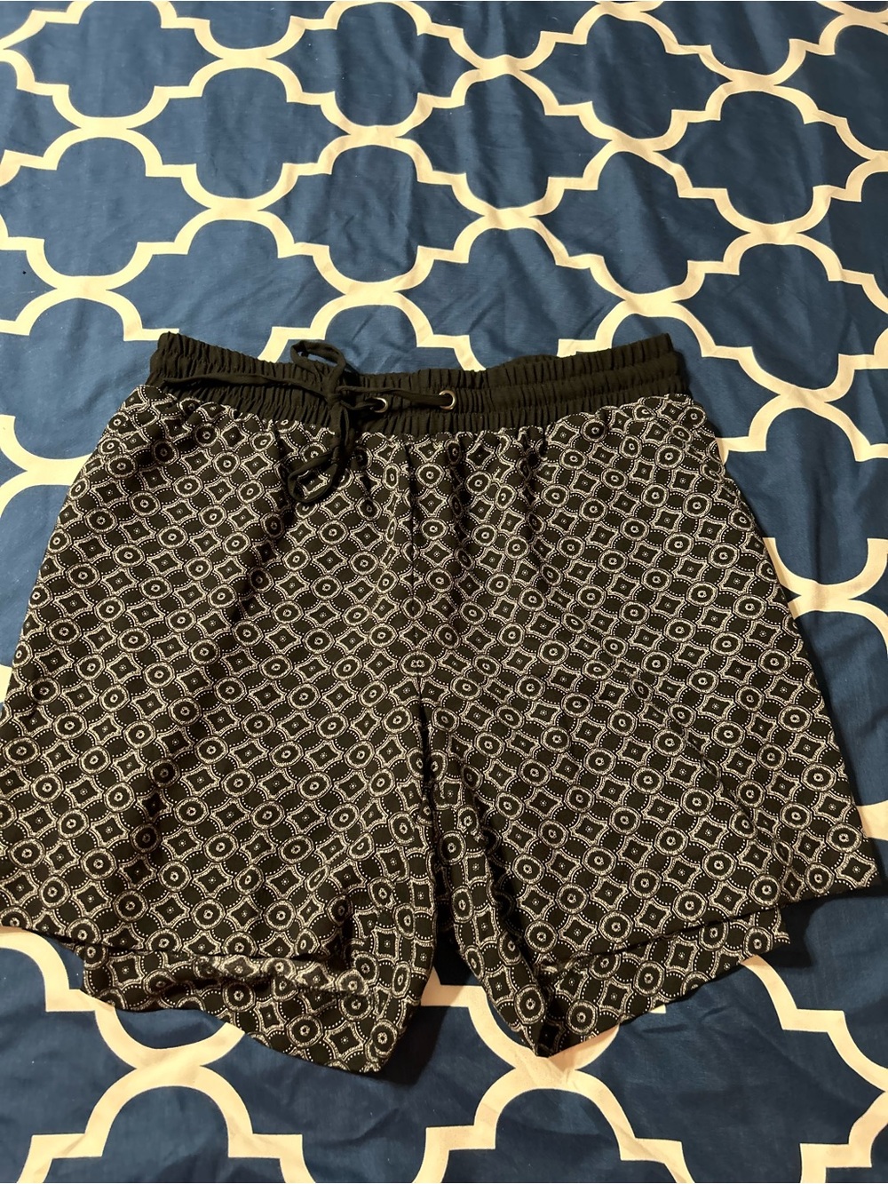 Black Geometric Drawstring Shorts